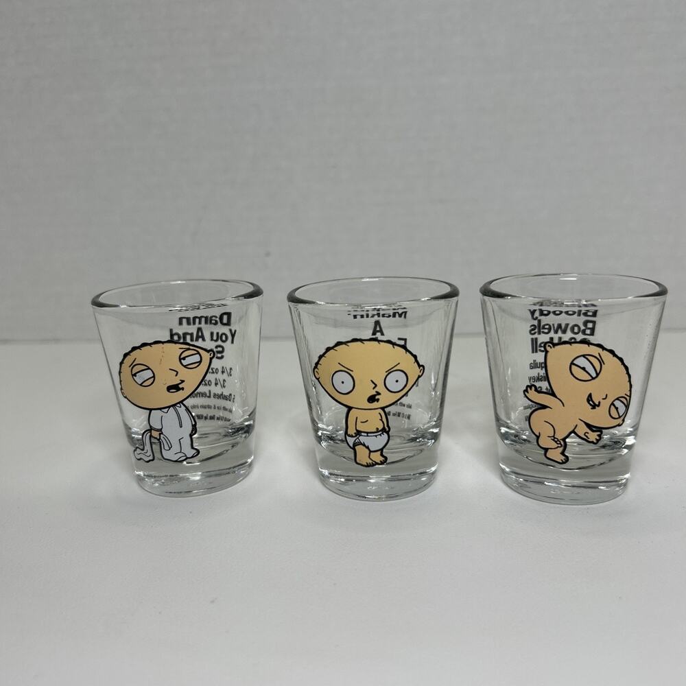 Family Guy Shot Glasses Set Of 3 Stewie With Drink Recipes Libbey Glass 2008